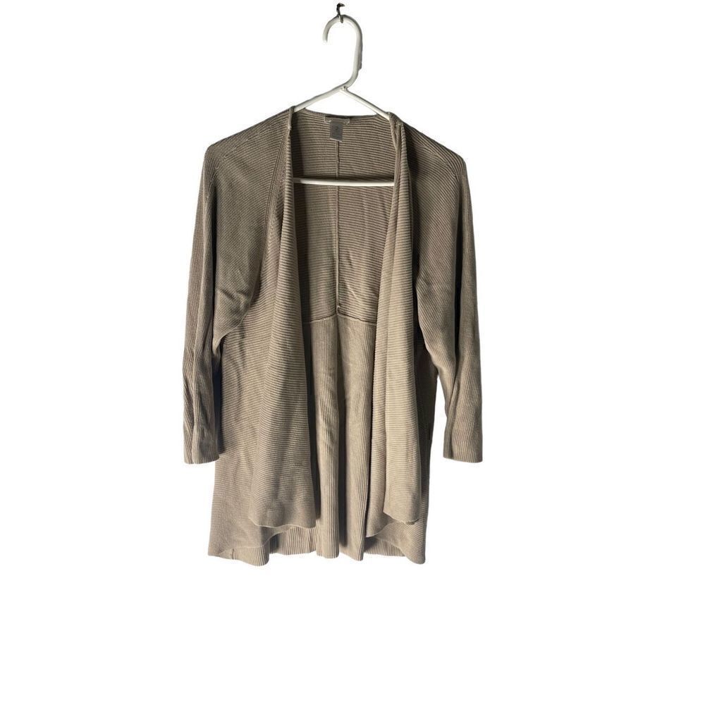 Chico’s Neutral Ribbed Knit Open Front Waterfall Longline Cardigan Sweater
